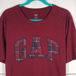 GAP Shirt Everyday Soft Crew Plaid Logo Spell Out Men's XL Cotton Maroon Red SS